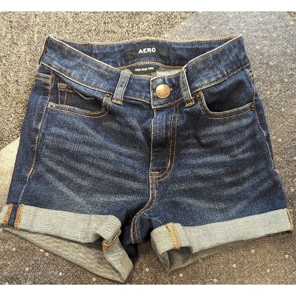 AERO HIGH RISE MIDI DENIM SHORTS WOMEN'S SZ 00 - Picture 1 of 5
